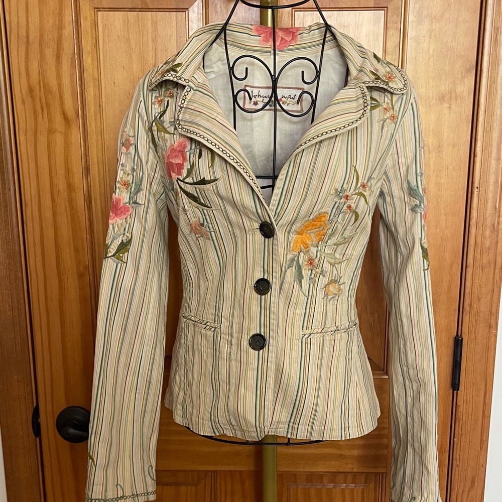Johnny Was Striped Floral Blazer - Cream, Pink, Orange, Green